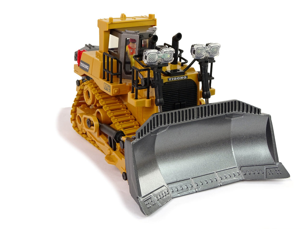Rotaļu buldozers ar detalizētām iezīmēm uz balta fona