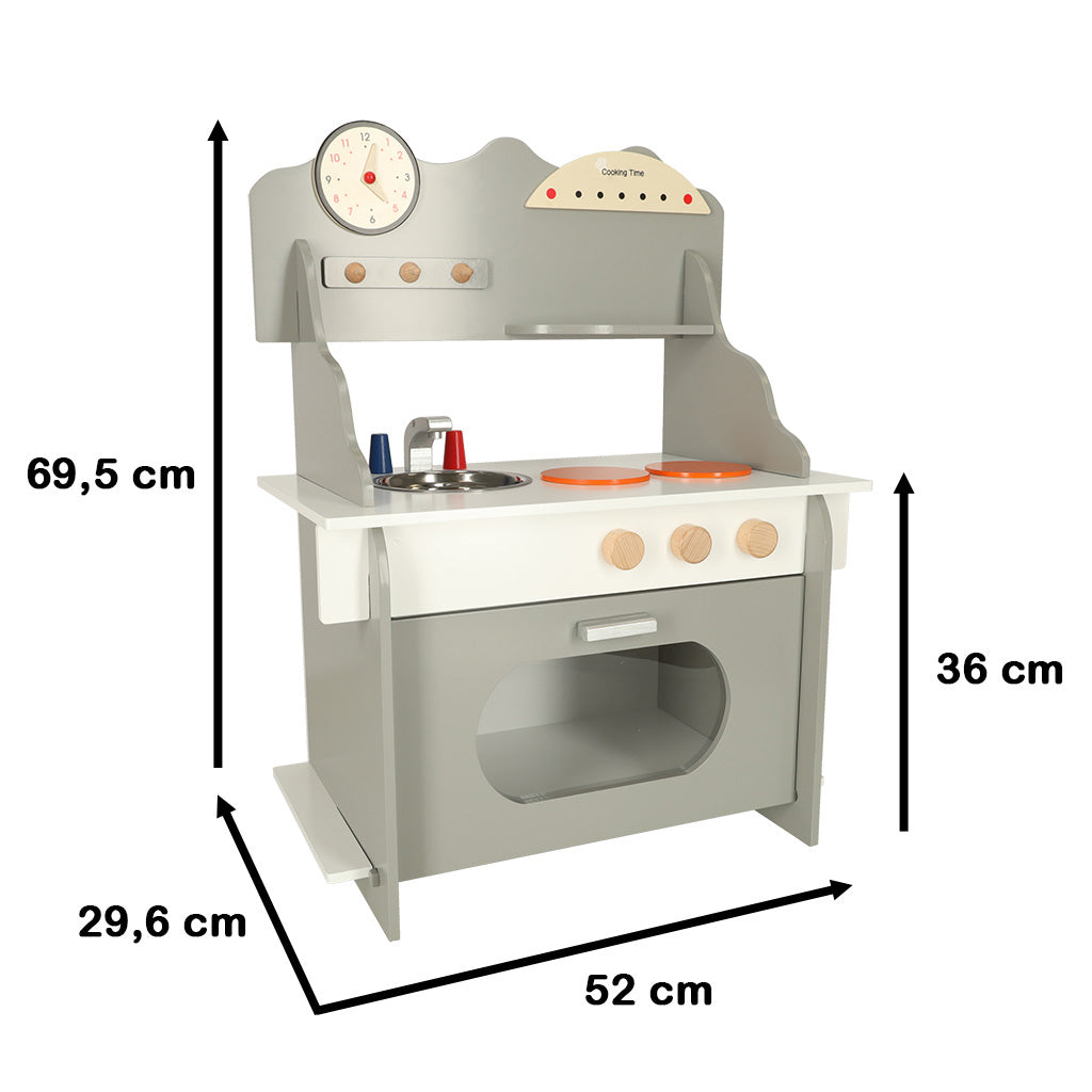 Bērnu rotaļu virtuves komplekts ar izmēriem 69.5x29.6x52x36cm uz balta fona