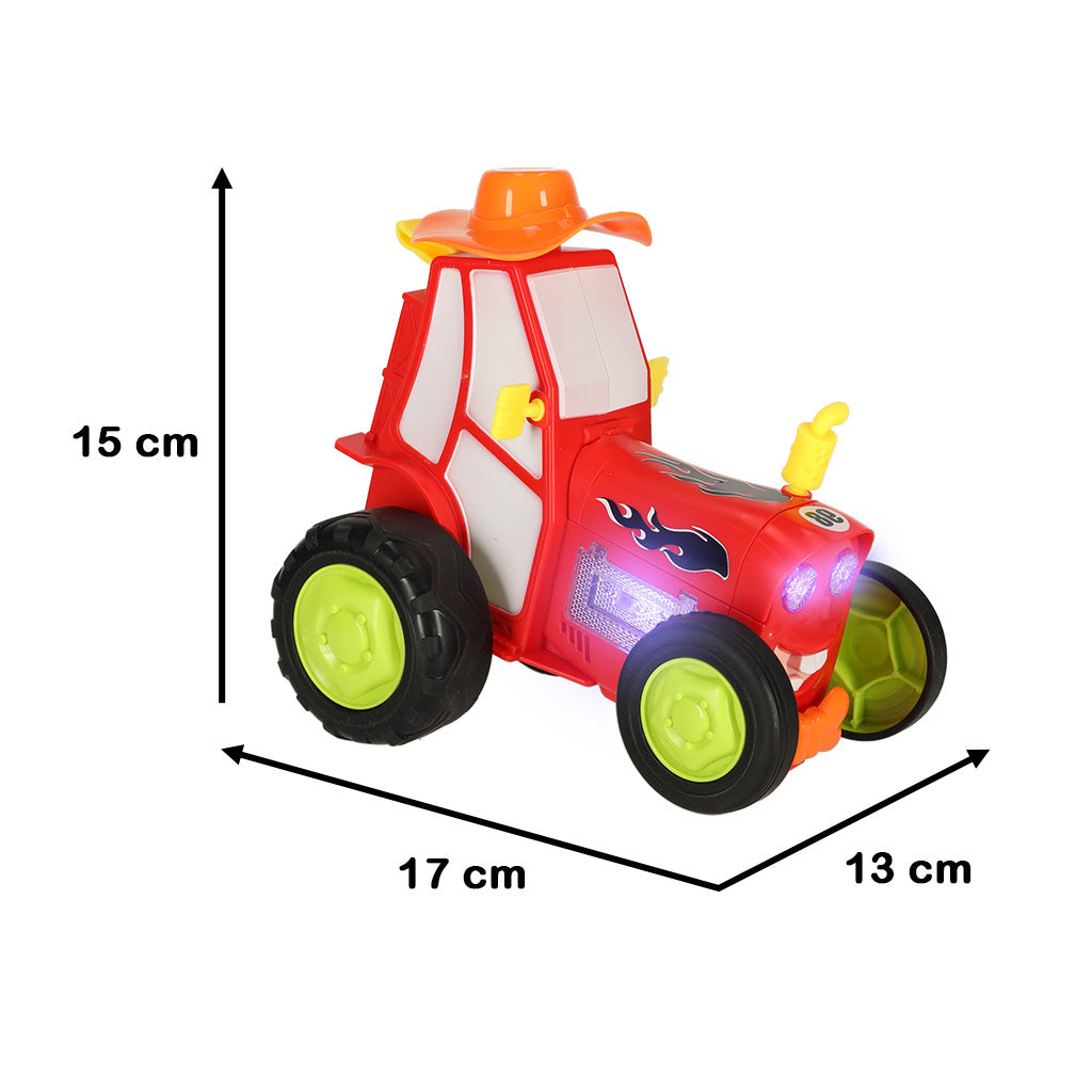“Crazy Jumping Car rotaļlieta – izmēri 15 × 17 × 13 cm, sarkans auto ar LED gaismām.”