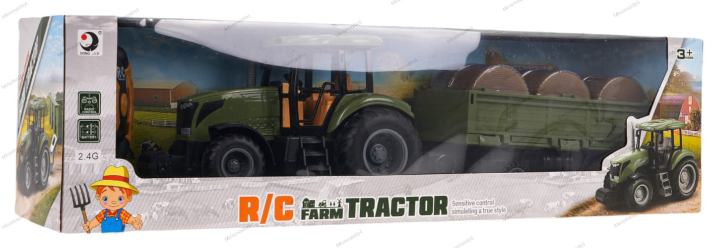 Zaļš R/C tālvadības traktors ar piekabi