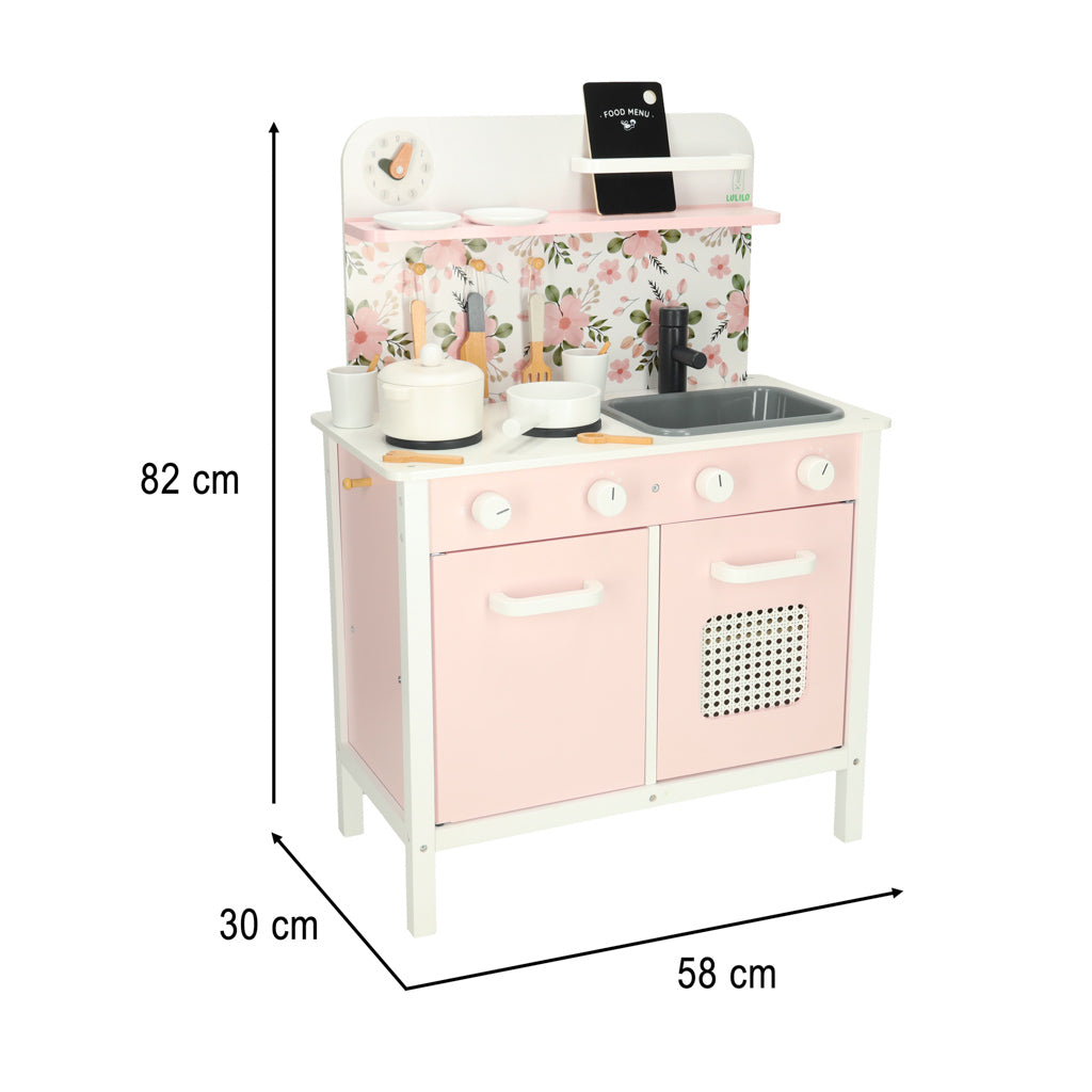 Bērnu rozā rotaļu virtuve ar ziedu rakstu  un attēlotiem izmēriem 82cm x 30cm x 58cm