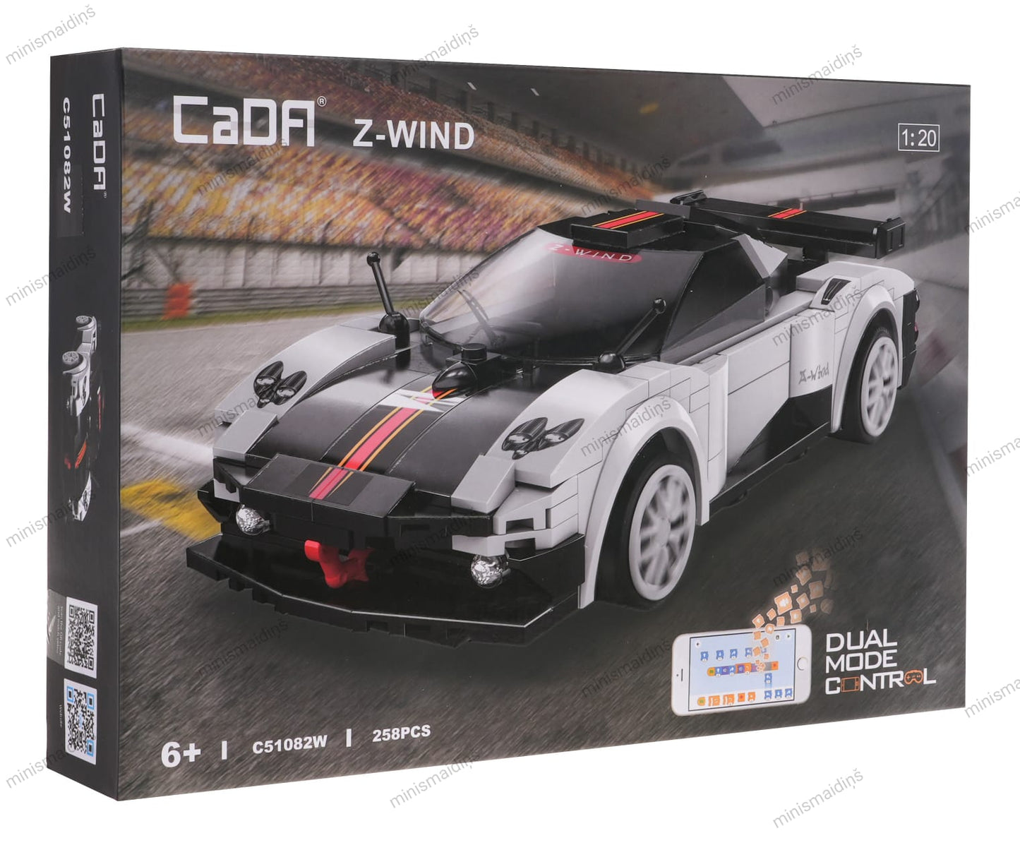 Pelēks sporta sacīkšu R/C Car Z-WIND konstruktors ar 2,4 GHz tālvadības pulti, aplikāciju, 258 detaļas, bērniem no 6 gadiem, CADA