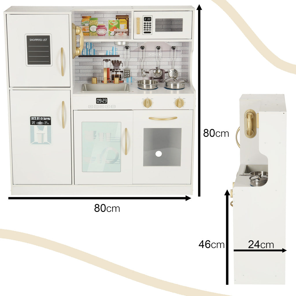 Balts rotaļu virtuves komplekts ar izmēriem 80cm x 80cm uz balta fona