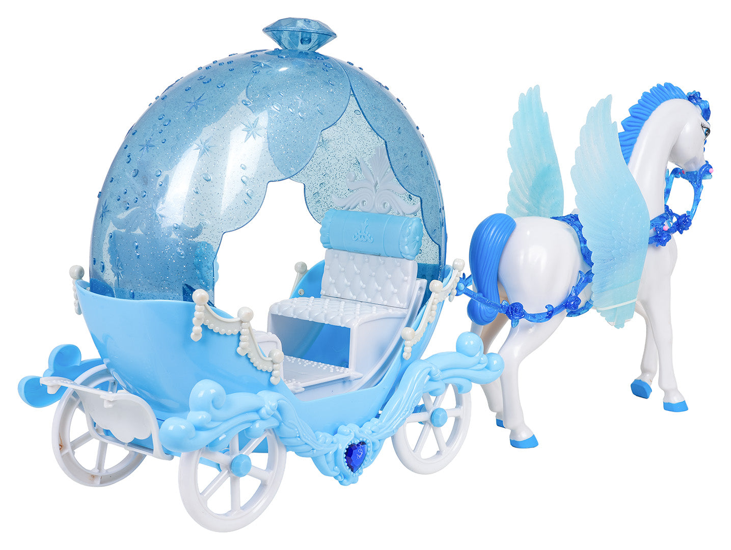 Zila rotaļu kariete ar baltu spārnainu zirgu, princesei piemērots rotaļkomplekts 3+