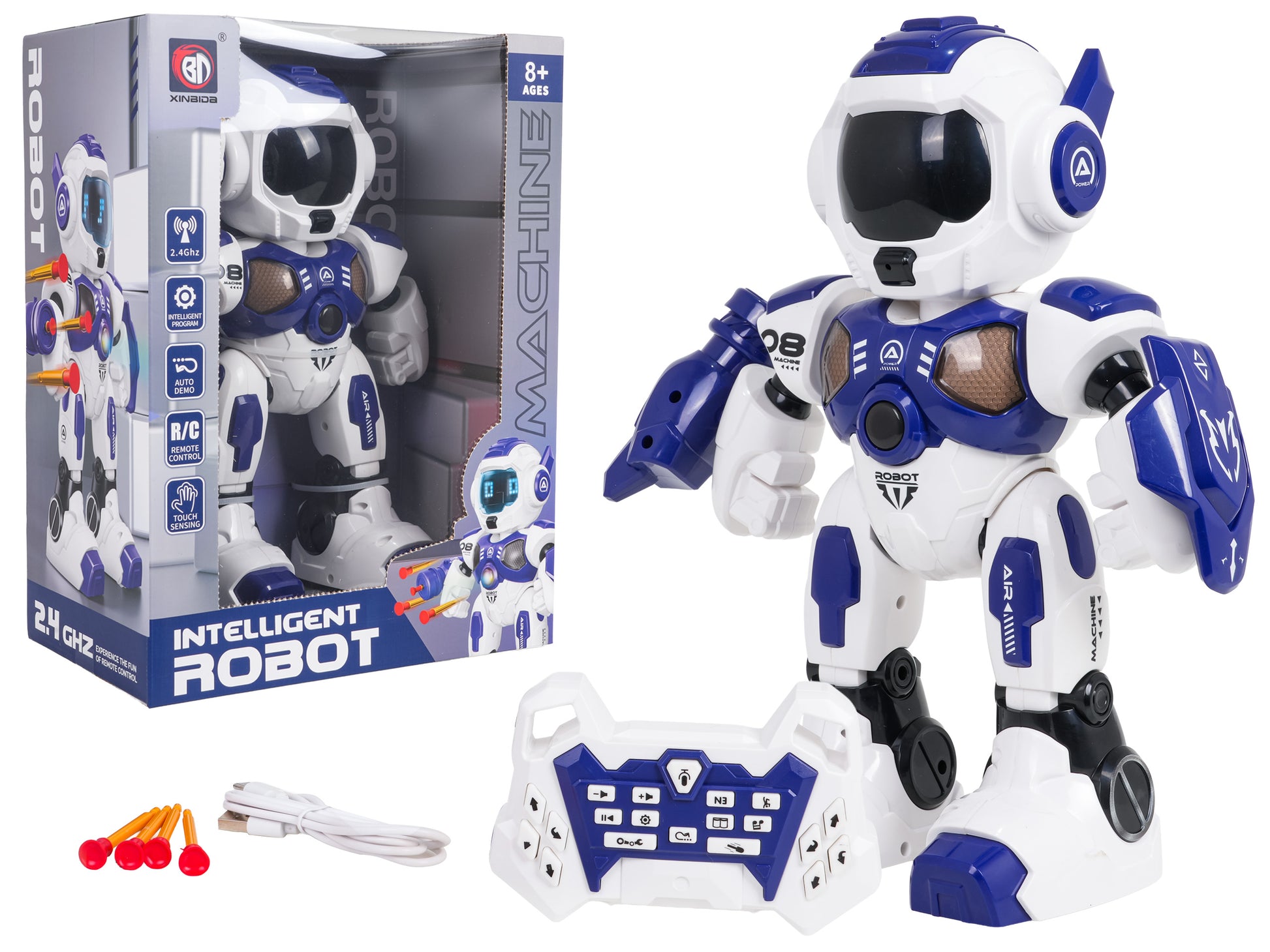 A08 interaktīvais robots ar tālvadības pulti vairogu un piesūcekņu šautriņu metēju balts zils