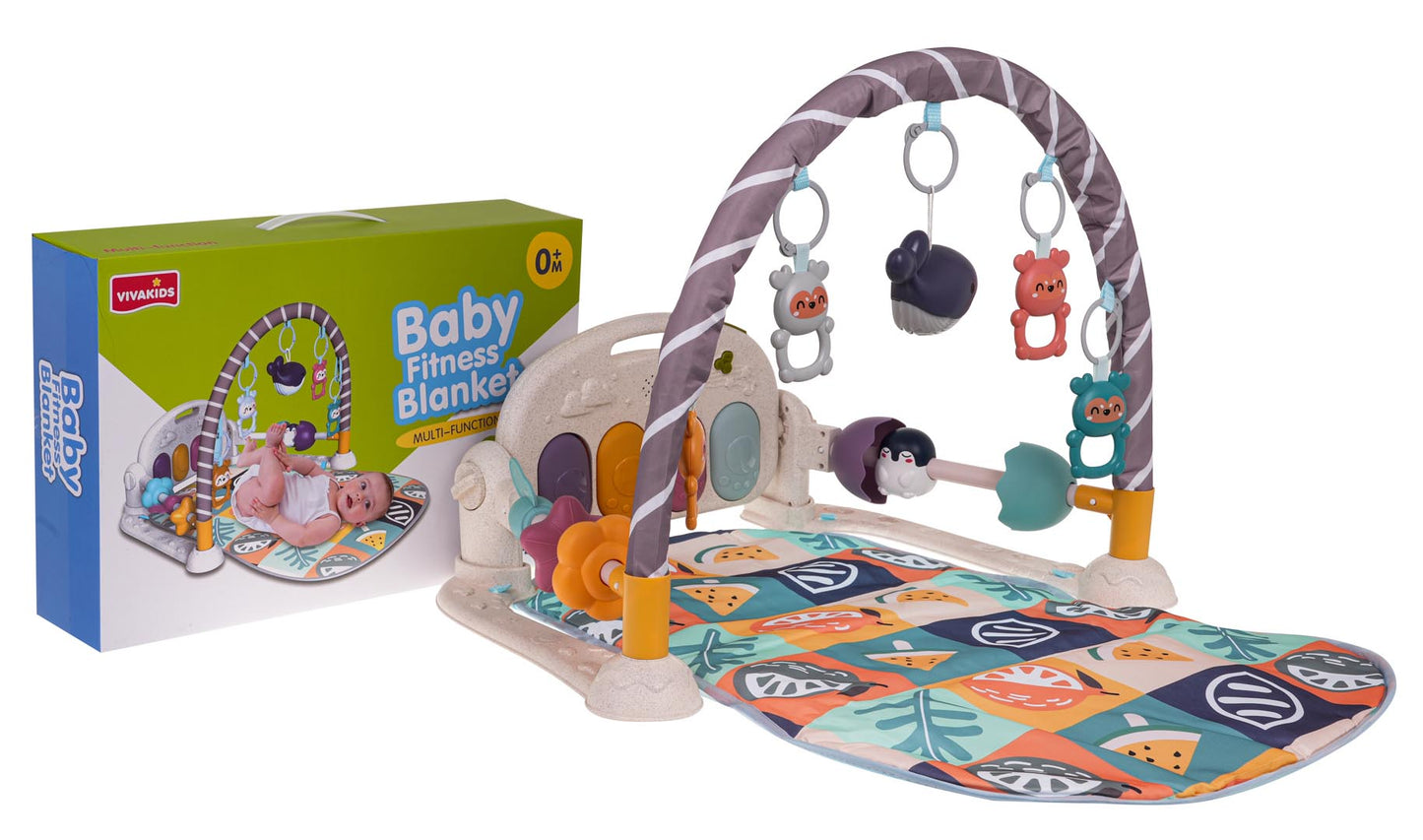 Baby Fitness Blanket zīdaiņu aktivitātes paklājiņš ar rotaļu loku, piekarināmām rotaļlietām un krāsainu virsmu kopā ar iepakojumu