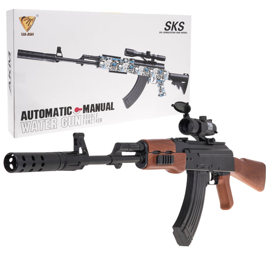 AK stila gēla lodīšu blasteris melni brūnā krāsā ar optisko tēmēkli un slāpētāju