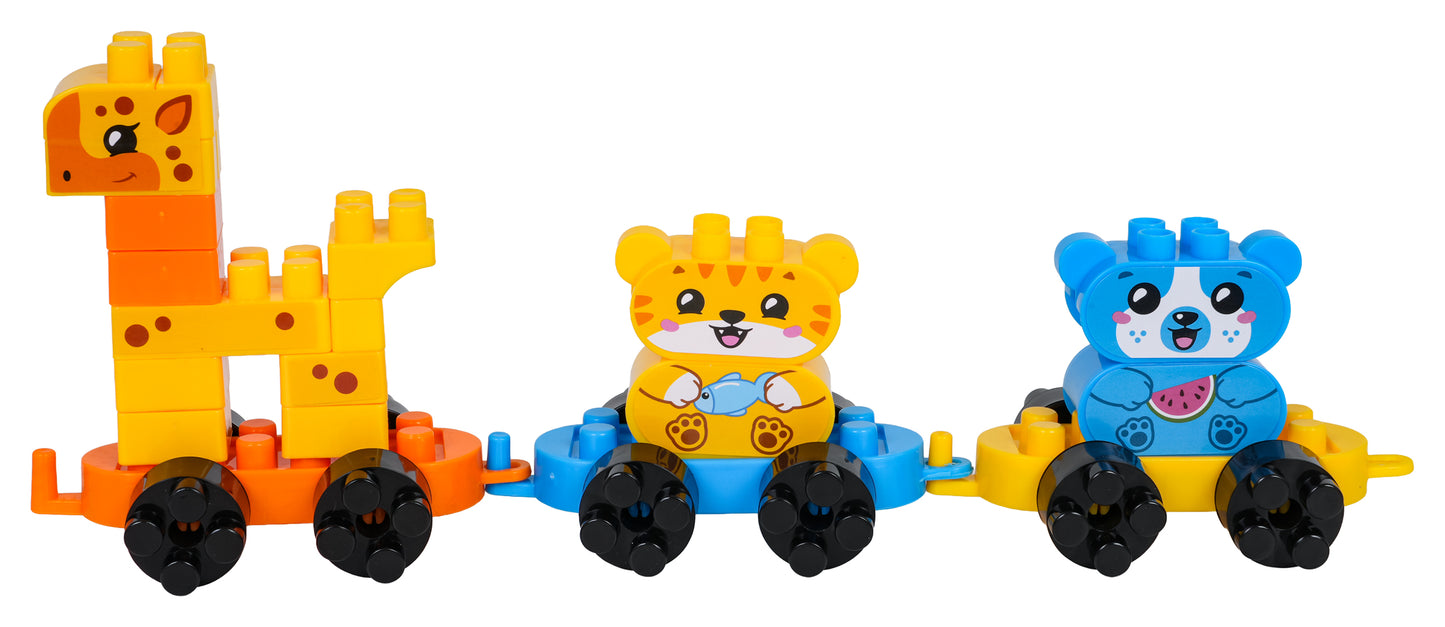 dzivnieku vilcienins konstruktora figuras zirafe tigers un lacis uz ritiniem