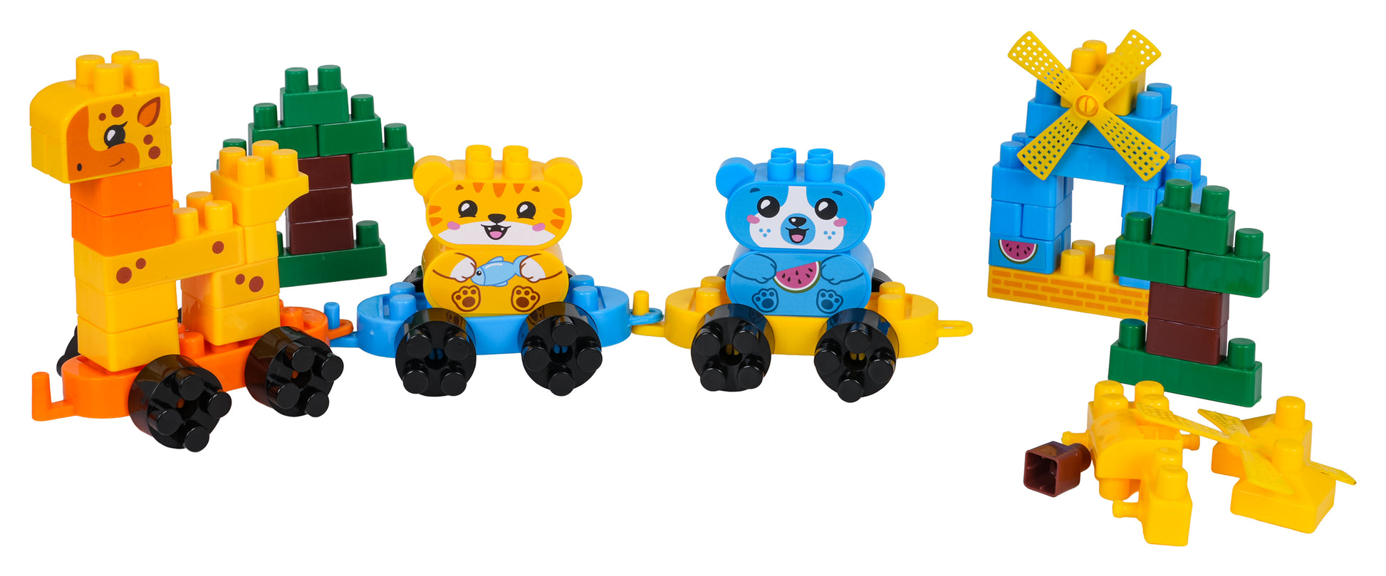 dzivnieku vilcienins konstruktors ar zirafu, tigerti, zilu laci un koku un veja dzirnavam