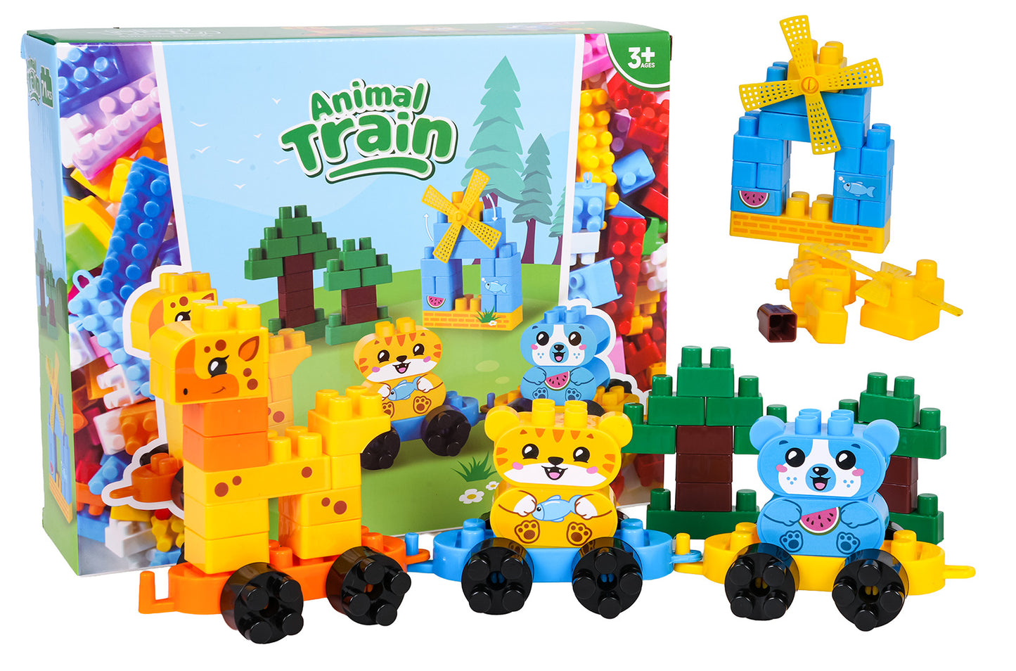 dzivnieku vilcienins konstruktors ar zirafu, tigerti un laci pie koka un veja dzirnavam