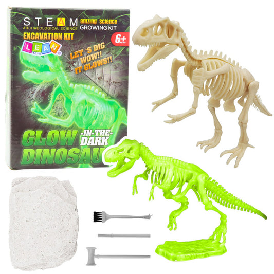 Arheoloģijas izrakumu komplekts bērniem – fluorescējošs dinozaura skelets ar instrumentiem un ģipša bloku