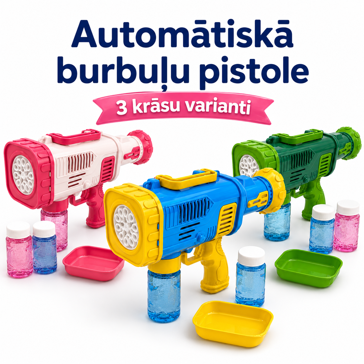 Automātiskā ziepju burbuļu pistole bērniem ar burbuļu šķidrumu, pieejama 3 krāsās