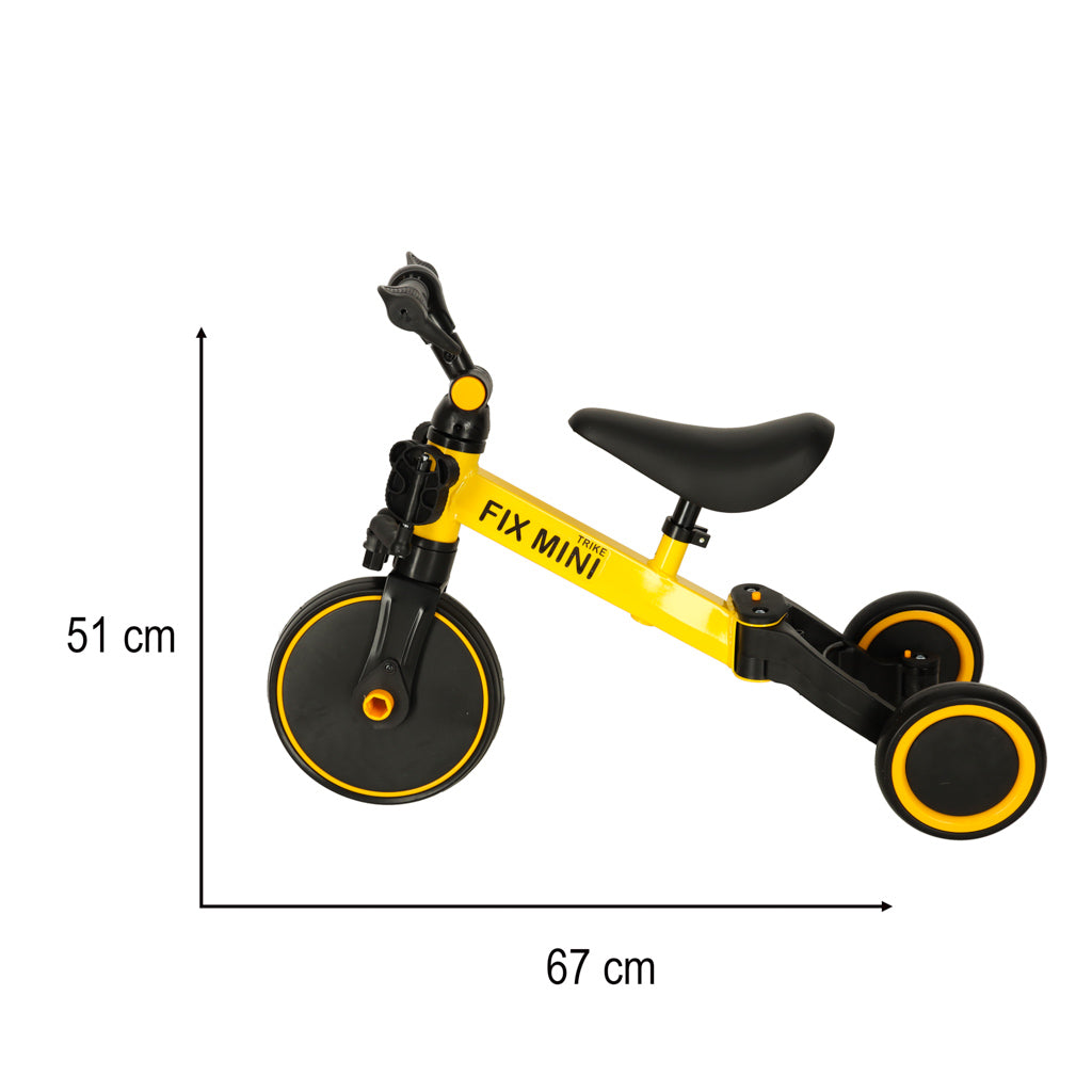 Dzeltens ar melnu līdzsvara velosipēds ar izmēriem 51x67cm uz balta fona