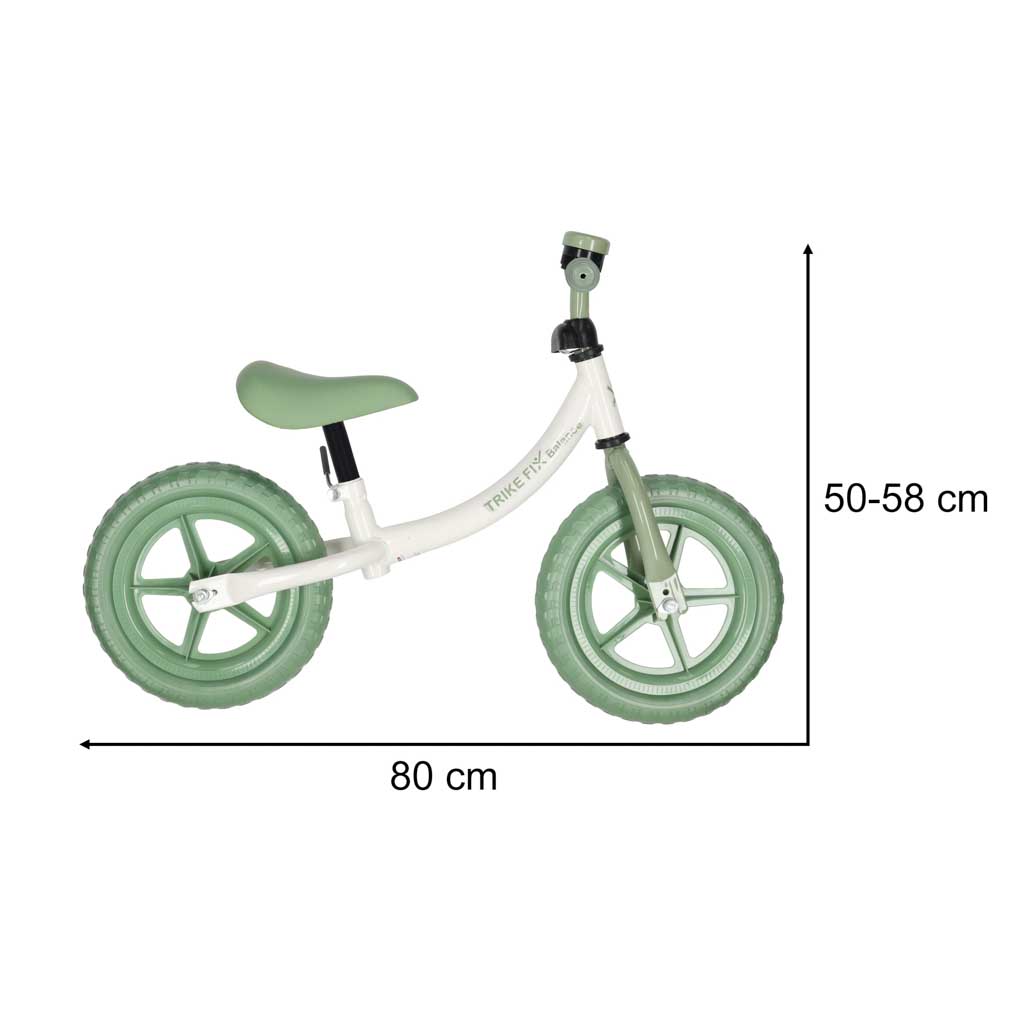 Zaļš bērnu balansa ritenis ar norādītiem izmēriem 80 cm garumā un 50–58 cm augstumā