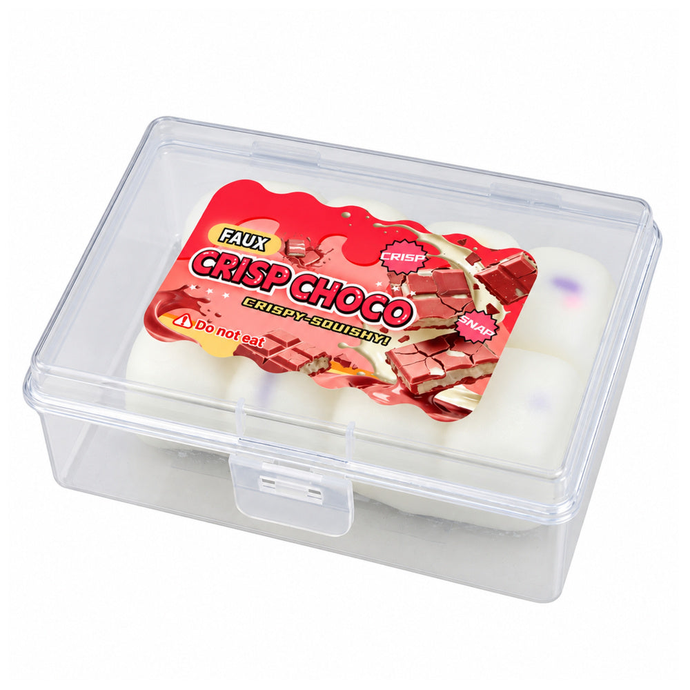 Balta sensorā antistresa rotaļlieta šokolādes tāfelītes formā ar kraukšķēšanas efektu, ievietota caurspīdīgā plastmasas kastītē ar aizvērtu vāciņu un Crisp Choco etiķeti