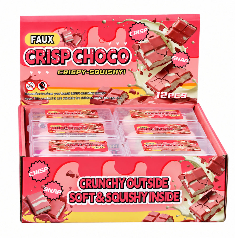 Baltas sensorās antistresa rotaļlietas šokolādes tāfelītes formā ar kraukšķēšanas efektu, caurspīdīgās plastmasas kastītēs, Crisp Choco oriģinālajā tirdzniecības stendā ar 12 gabaliem
