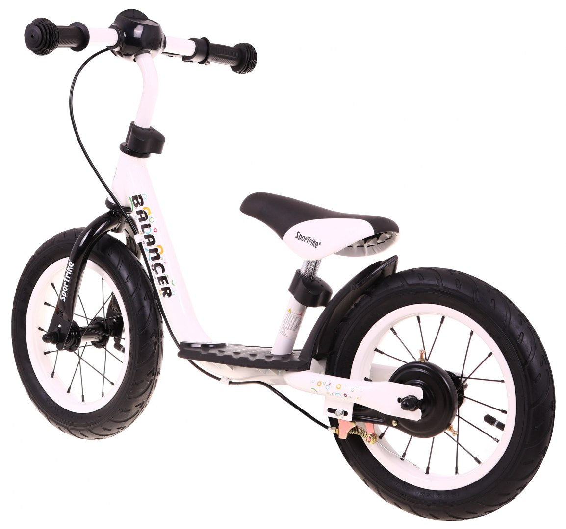 Balti melns SportTrike bērnu balansa ritenis ar piepūšamām riepām, skats no sāna