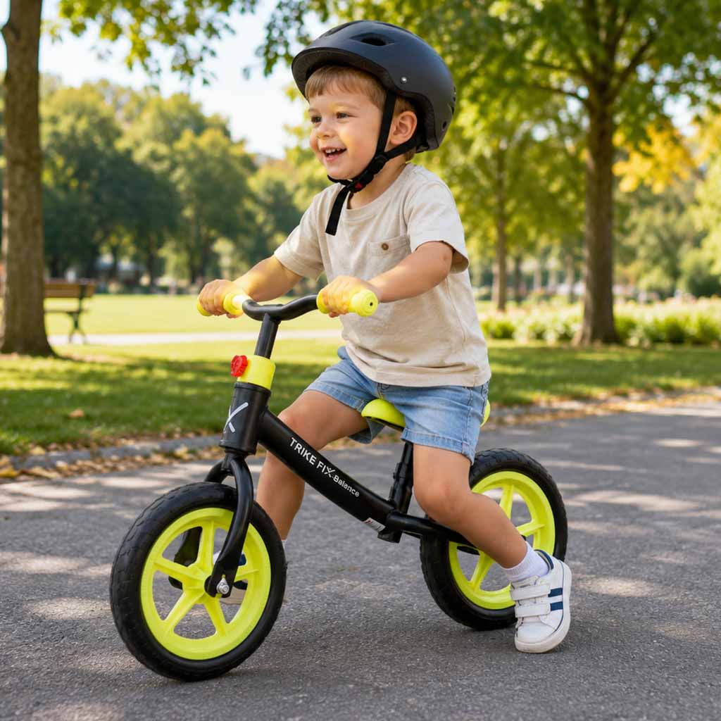 Bērns ar ķiveri brauc ar melnu balansa velosipēdu ar koši zaļiem riteņiem parkā