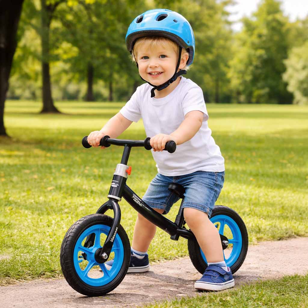 Bērns ar ķiveri brauc ar melnu balansa velosipēdu ar zilām riepām parkā