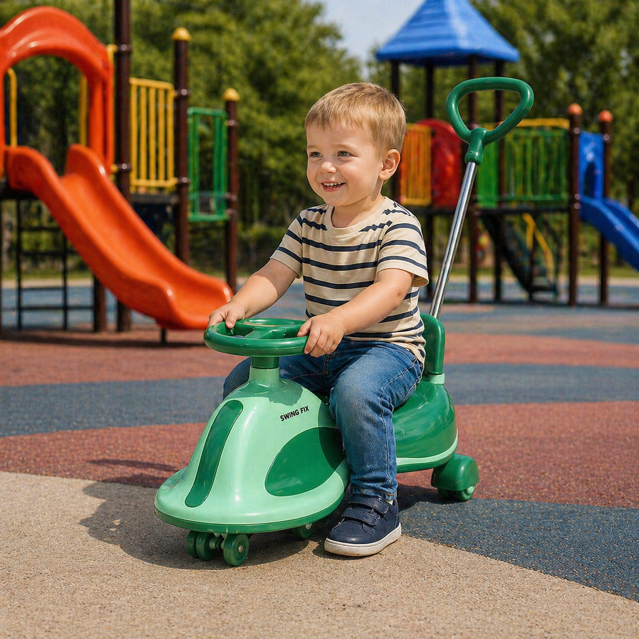 Mazs zēns brauc ar zaļu Swing Fix S2 šūpojošo auto bērnu rotaļu laukumā
