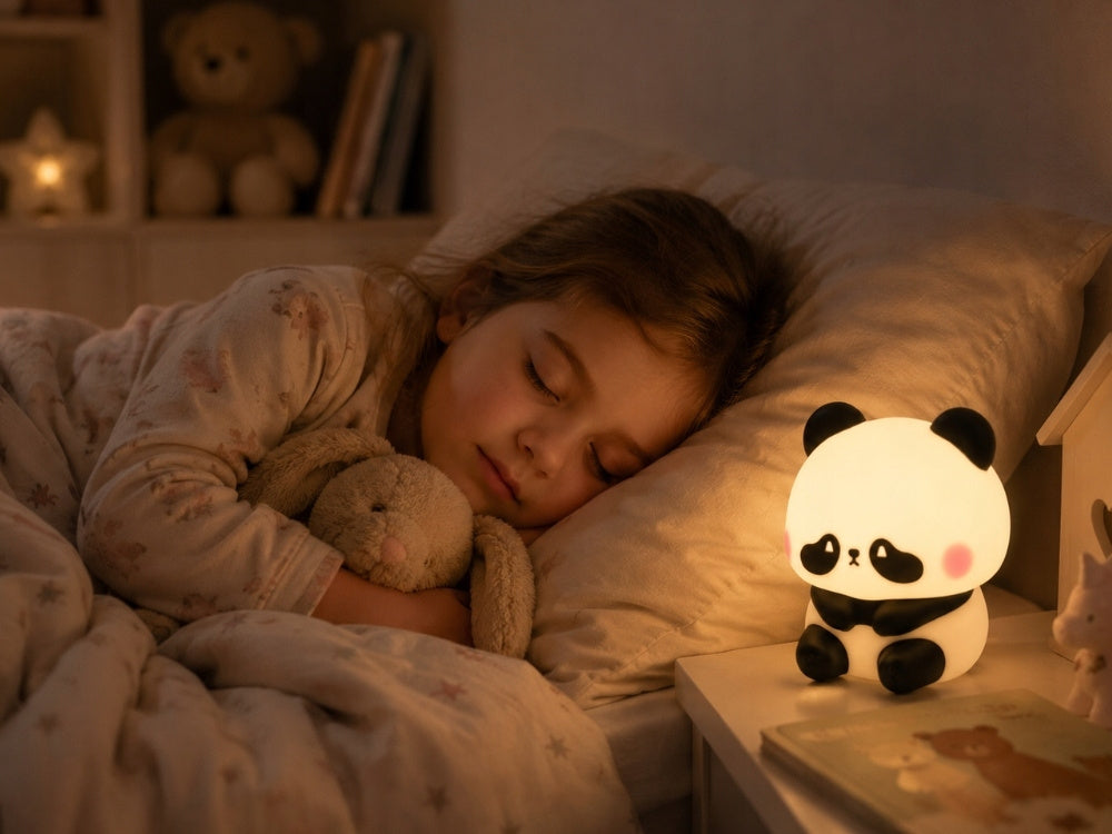 Bērns guļ blakus ieslēgtai silikona pandas LED RGB naktslampiņai bērnu istabā