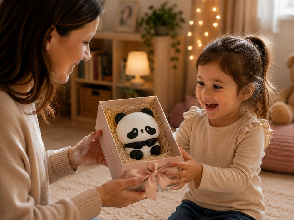 Bērns saņem dāvanā silikona pandas LED RGB naktslampiņu bērnu istabai