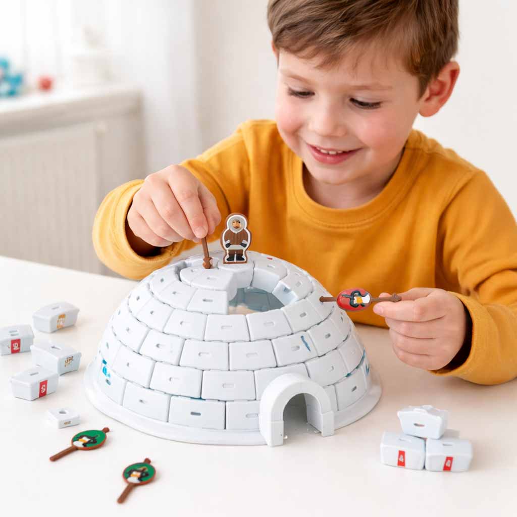 Bērns spēlē igloo veiklības spēli ar pingvīnu āmurīšiem