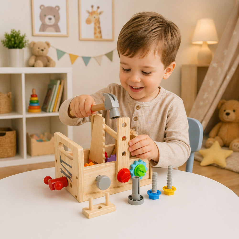 Bērns spēlējas ar koka instrumentu kasti un montāžas komplektu