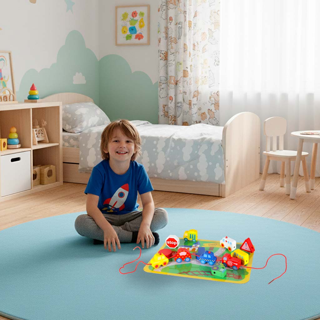 Bērns spēlējas ar koka vēršanas rotaļlietu ar transporta figūrām bērnistabā