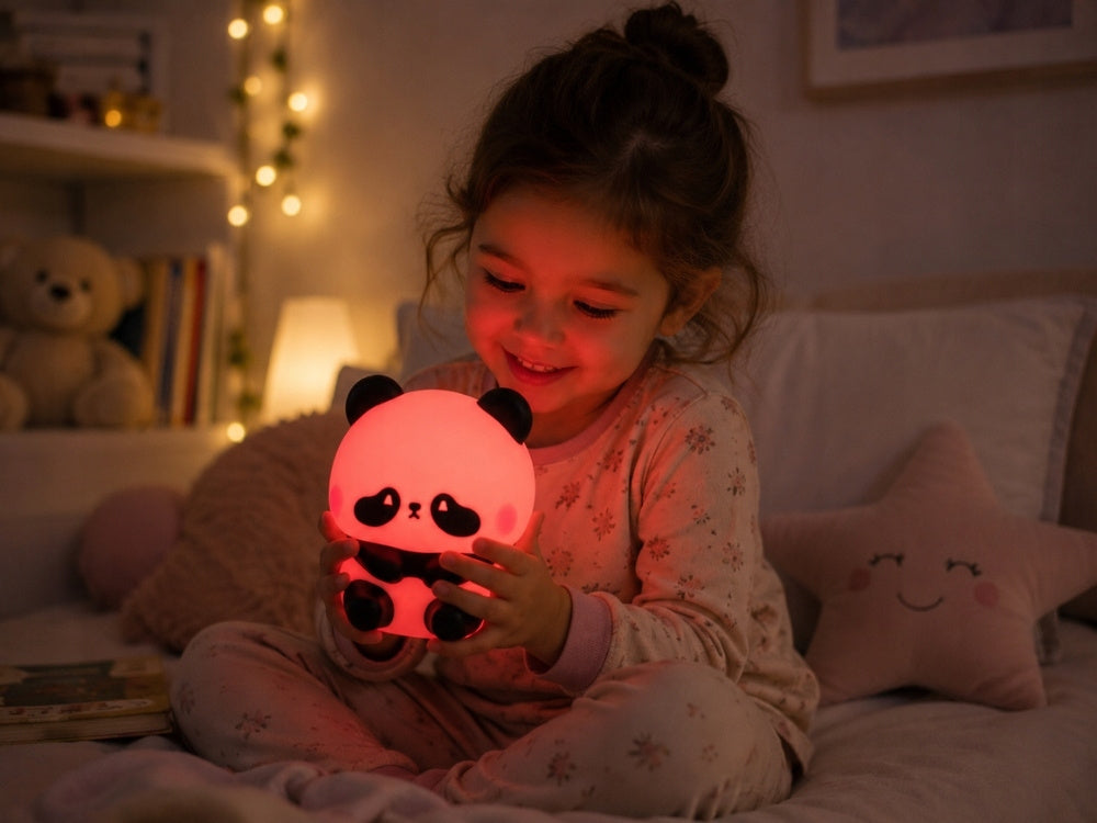 Bērns spēlējas ar silikona pandas LED RGB naktslampiņu sarkanā gaismā bērnu istabā