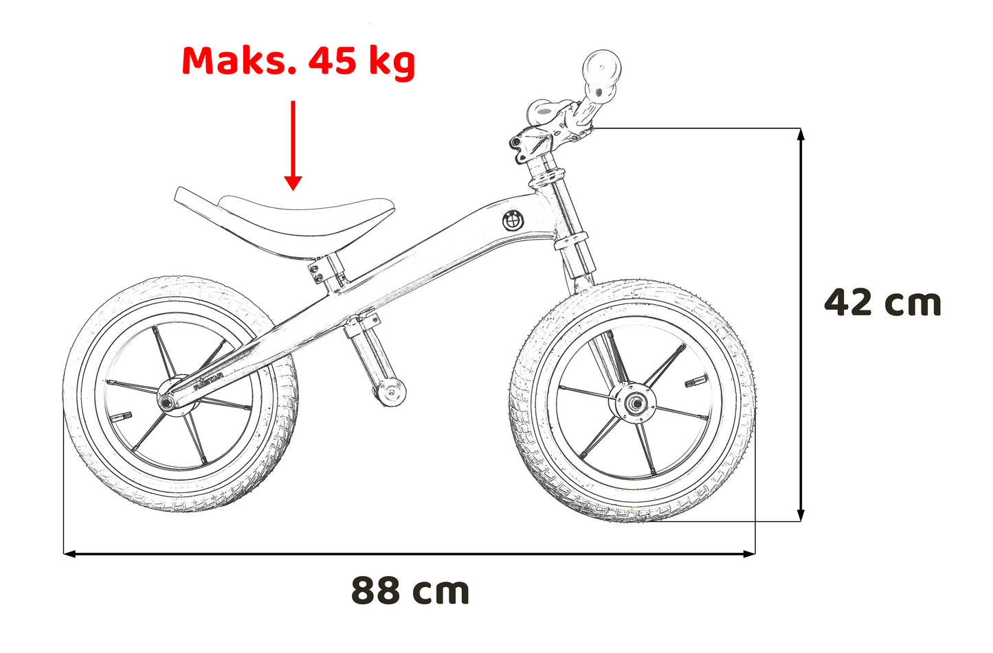 Bērnu balansa riteņa izmēru shēma ar norādi par 88 cm garumu, 42 cm augstumu un maksimālo slodzi 45 kg
