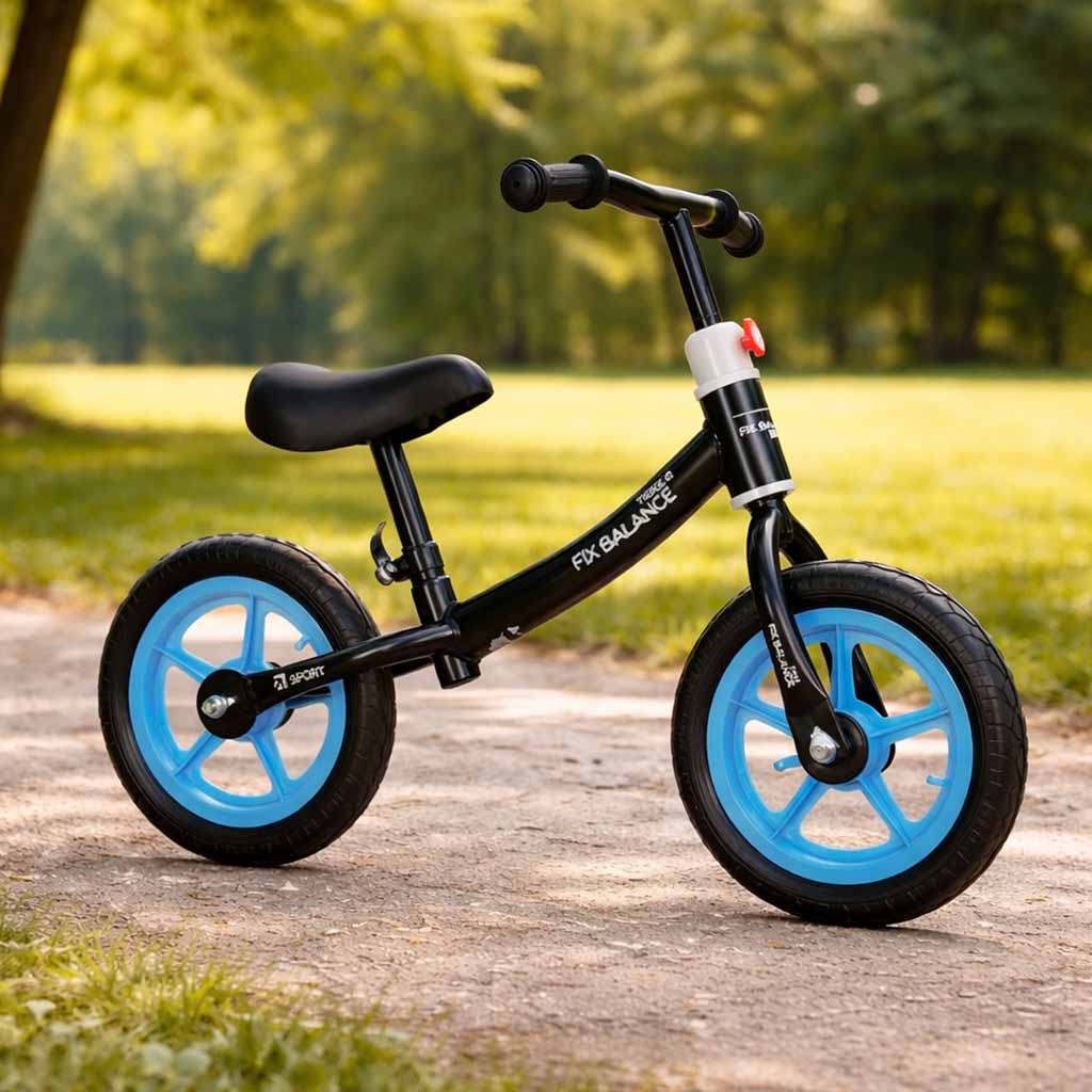 Bērnu skrejritenis-balansa velosipēds melnā krāsā ar zilām riepām parkā