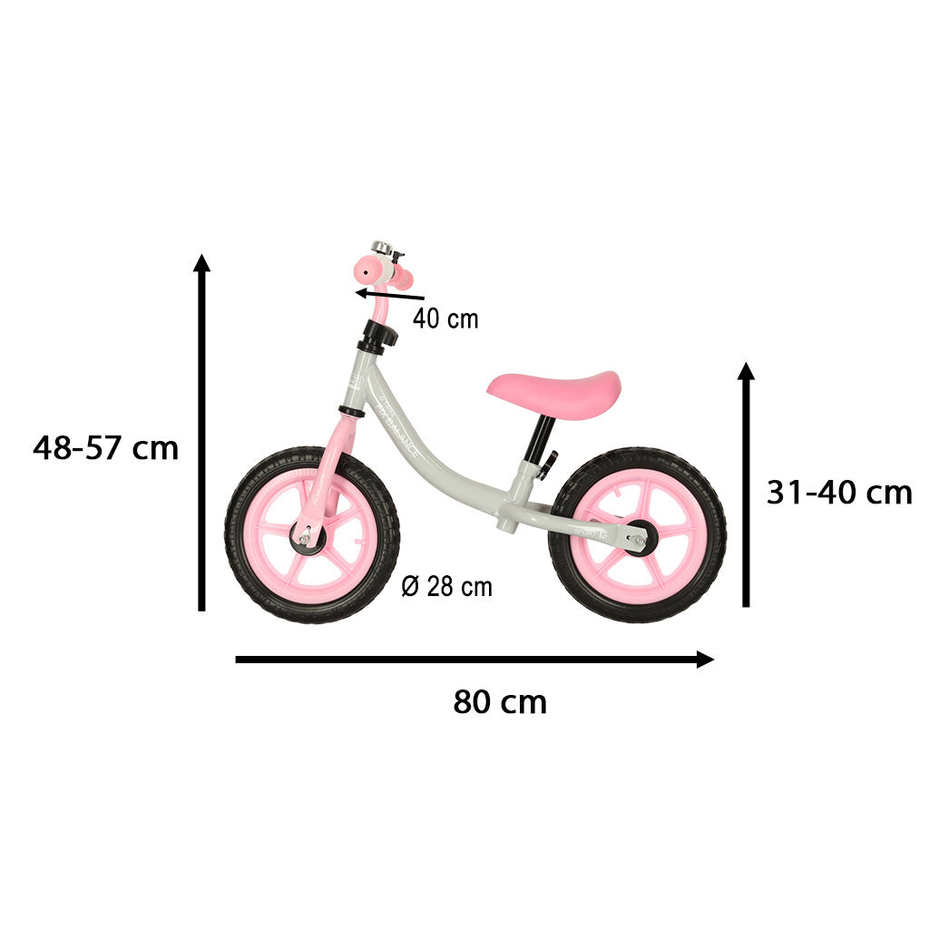 Bērnu balansa velosipēds pelēks un rozā krāsā ar izmēru norādēm (80 cm, 48–57 cm, 31–40 cm, Ø 28 cm)