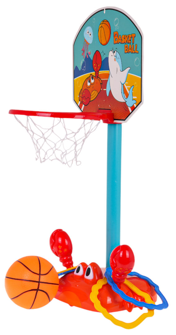 Bērnu basketbola grozs ar bumbu un krabīšu mešanas riņķiem, jūras dzīvnieku dizains