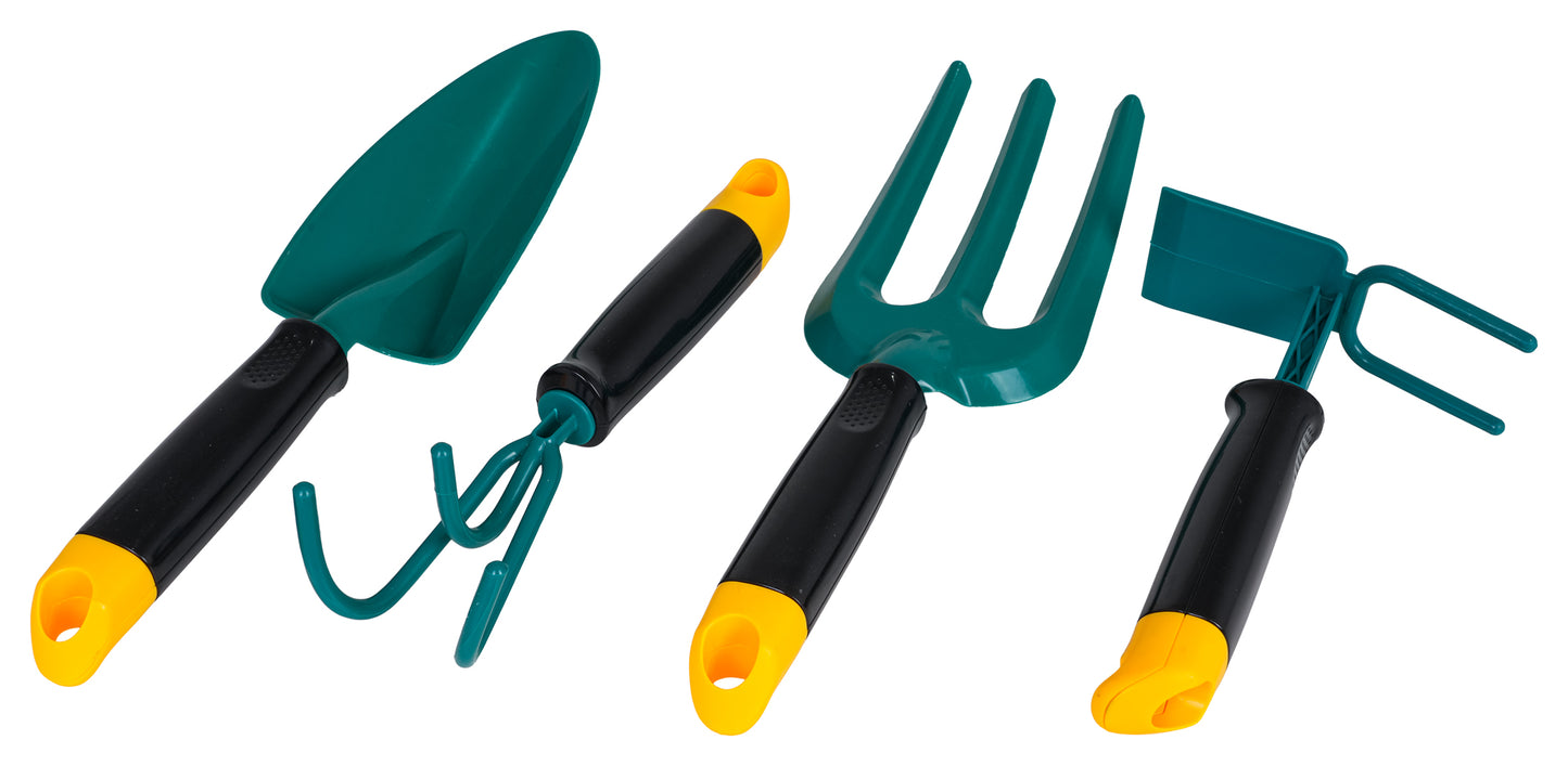 Bērnu dārza instrumentu komplekts ar lāpstiņu, dakšu, grābeklīti un rokas kultivatoru