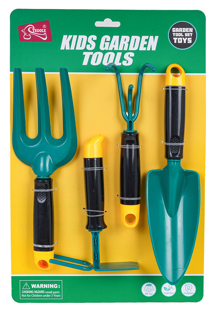 Bērnu dārza instrumentu komplekts ar lāpstiņu, dakšu un 2 rokas kultivatoriem