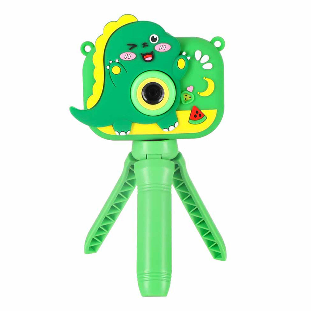 Bērnu digitālā fotokamera ar dinozaura dizaina silikona maciņu un mini statīvu, zaļa