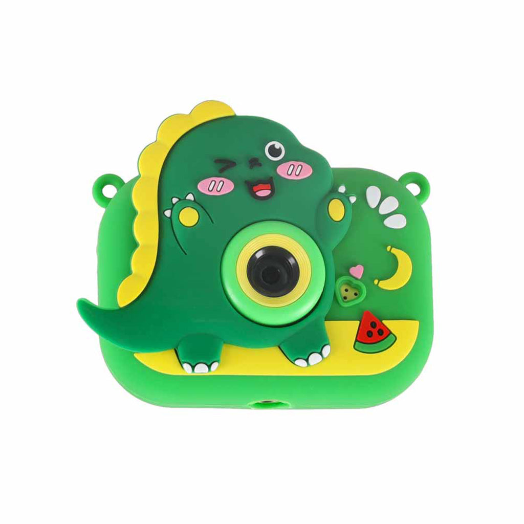 Bērnu digitālā fotokamera ar dinozaura silikona maciņu, priekšskats no priekšpuses, zaļa