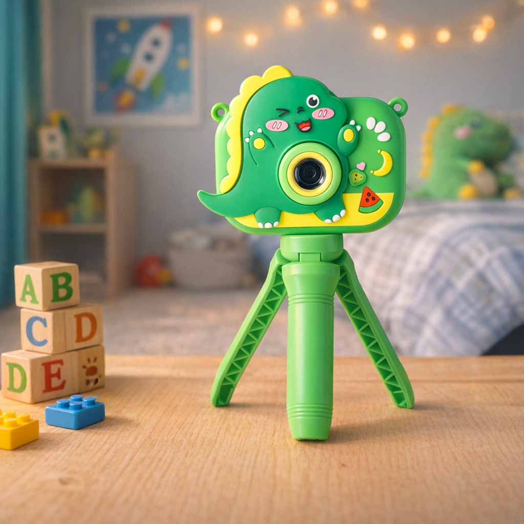 Bērnu digitālā fotokamera ar dinozaura dizainu uz mini statīva bērnistabā, zaļa
