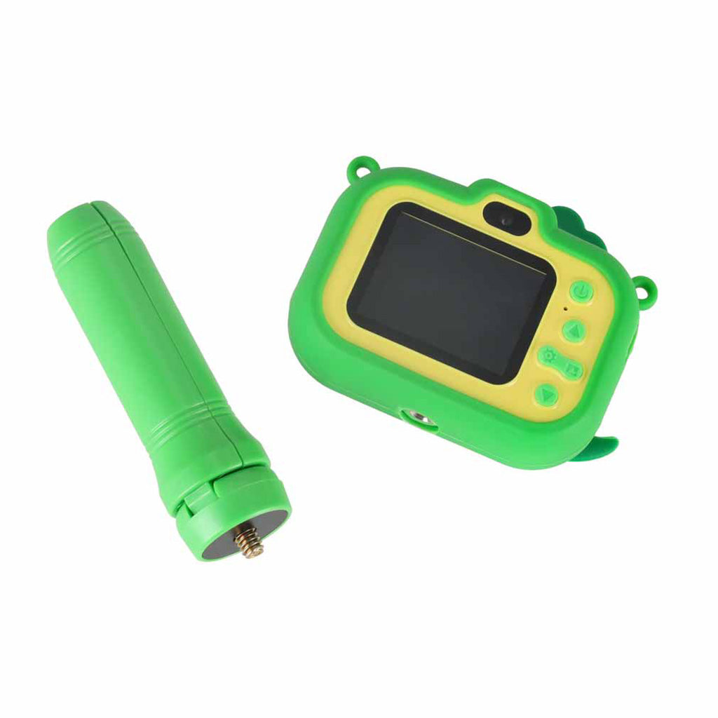 Bērnu digitālā fotokamera ar noņemamu mini statīvu, dinozaura dizaina maciņš, zaļa