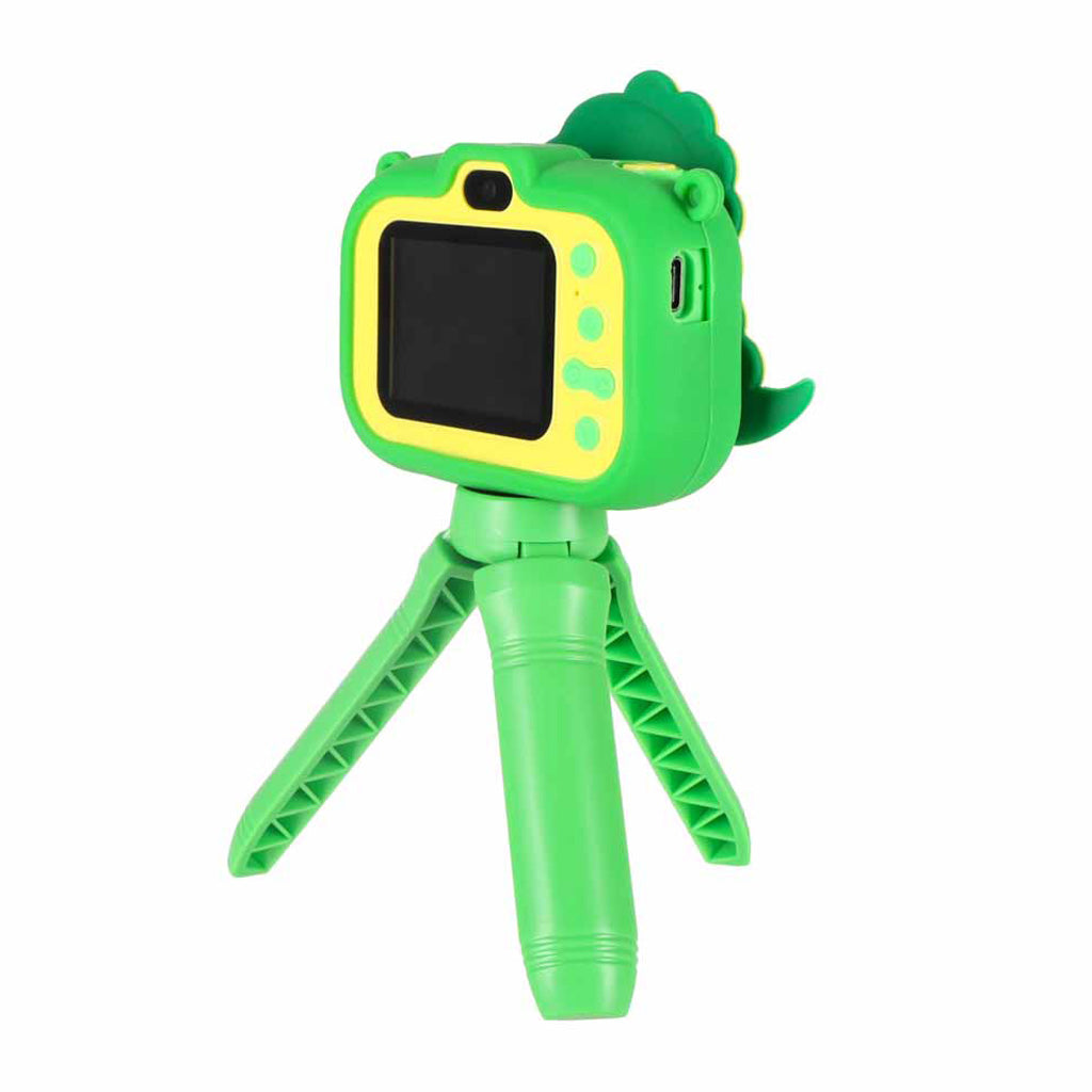 Zaļa bērnu digitālā fotokamera ar dinozaura dizaina maciņu uz mini statīva