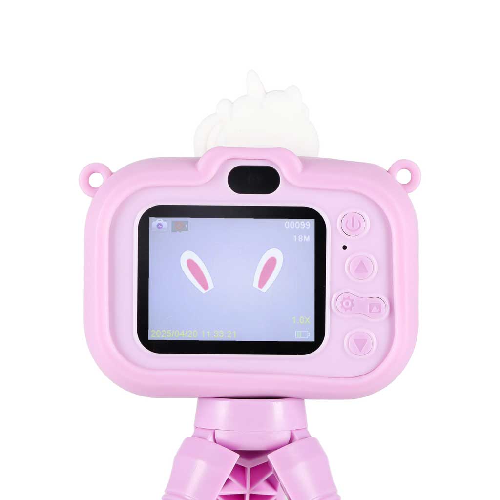 Bērnu digitālās fotokameras ekrāns ar jautru filtru (zaķa ausis), violeta