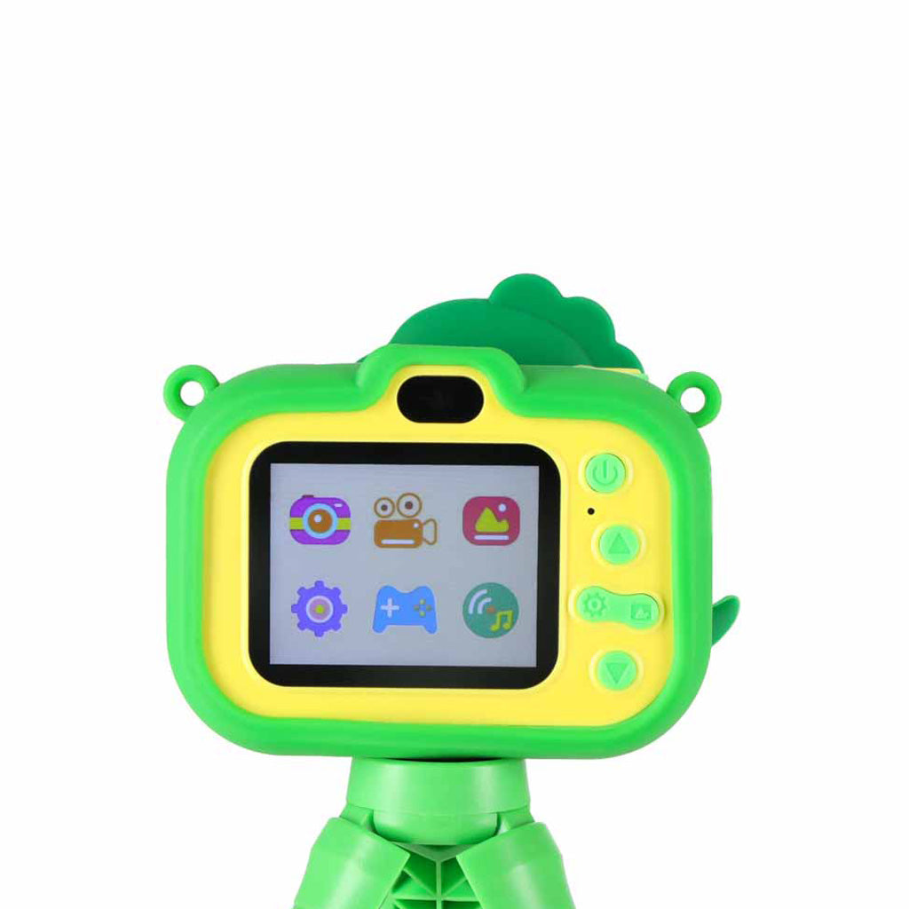 Bērnu digitālās fotokameras ekrāns ar izvēlni, dinozaura dizaina maciņš un mini statīvs, zaļa