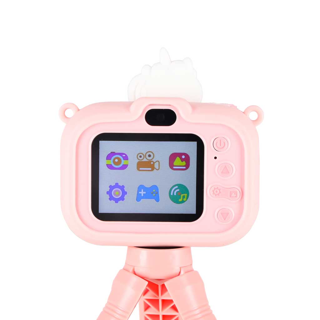 Bērnu digitālās fotokameras ekrāns ar izvēlni, vienradža dizaina maciņš un mini statīvs, rozā