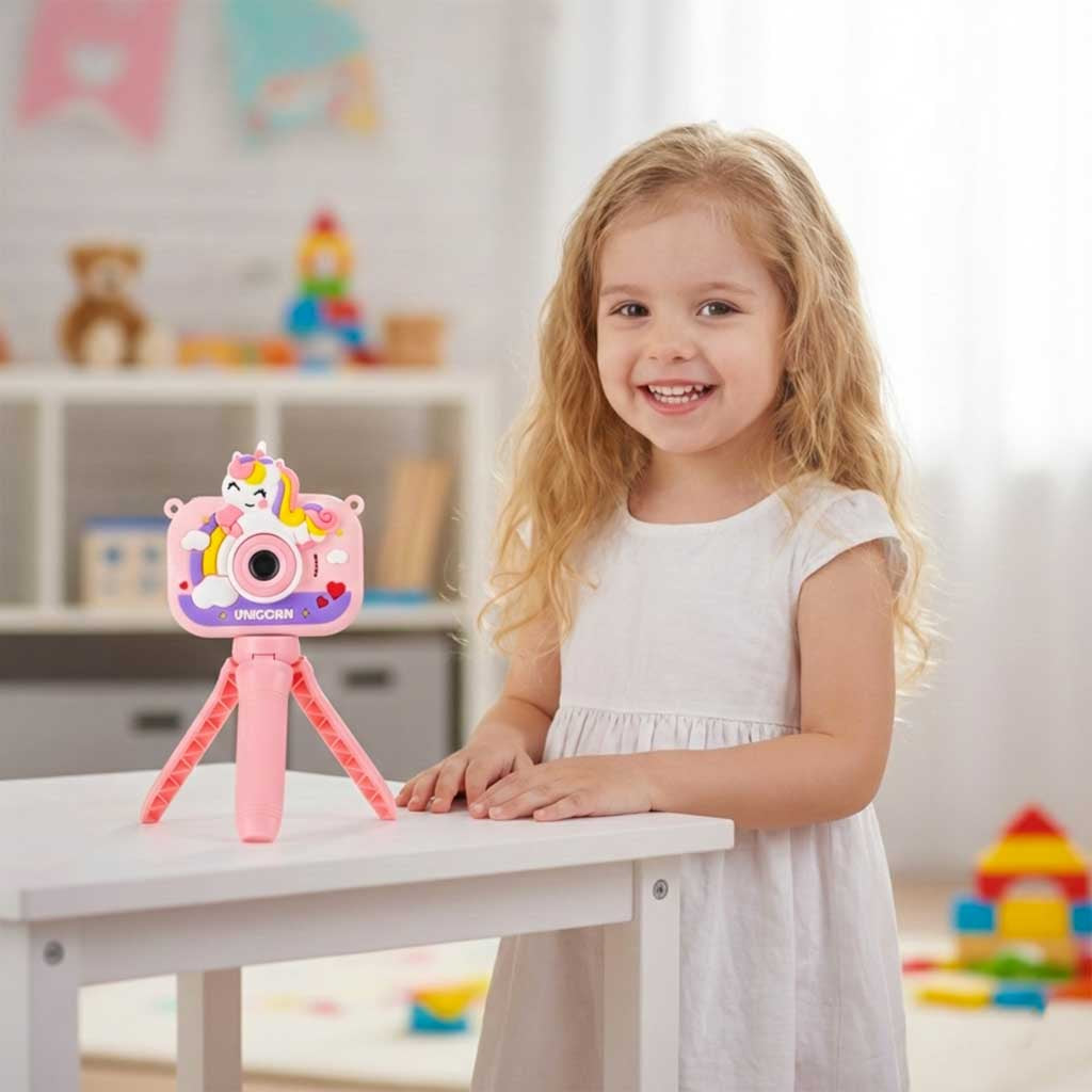 Bērnu digitālā fotokamera ar vienradža dizainu uz mini statīva bērnistabā, rozā