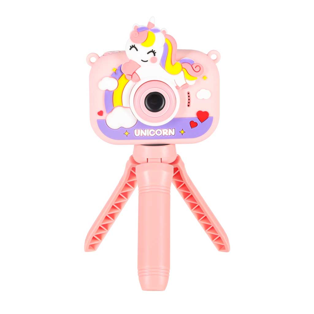 Rozā bērnu digitālā fotokamera ar vienradža dizaina silikona maciņu uz mini statīva, priekšskats