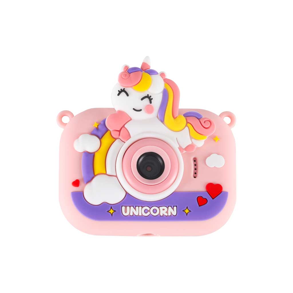 Bērnu digitālā fotokamera ar vienradža silikona maciņu, rozā – priekšskats no priekšpuses