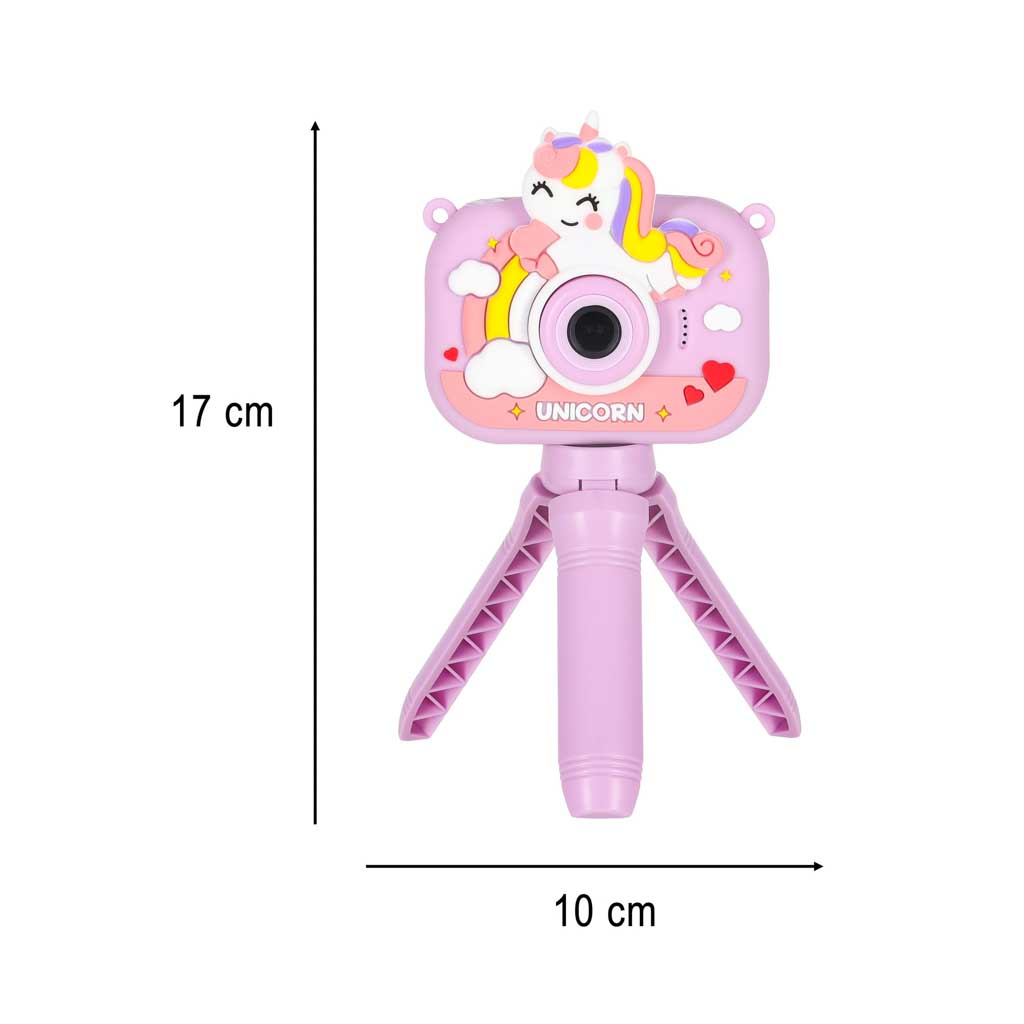 Bērnu digitālā fotokamera ar vienradža dizainu uz mini statīva – izmēri 17 cm x 10 cm, violeta