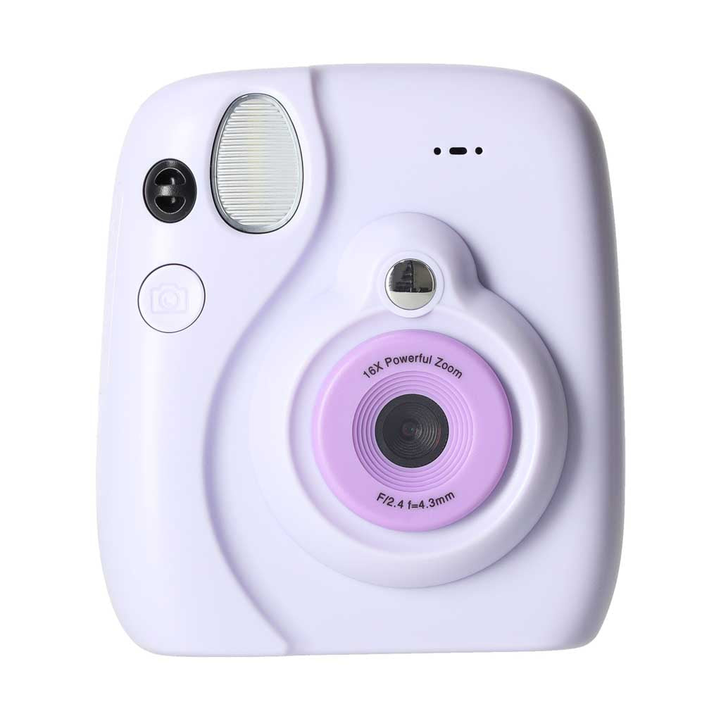 Bērnu digitālā kamera ar termoprinteri violetā krāsā aizmugures kameras objektīvs