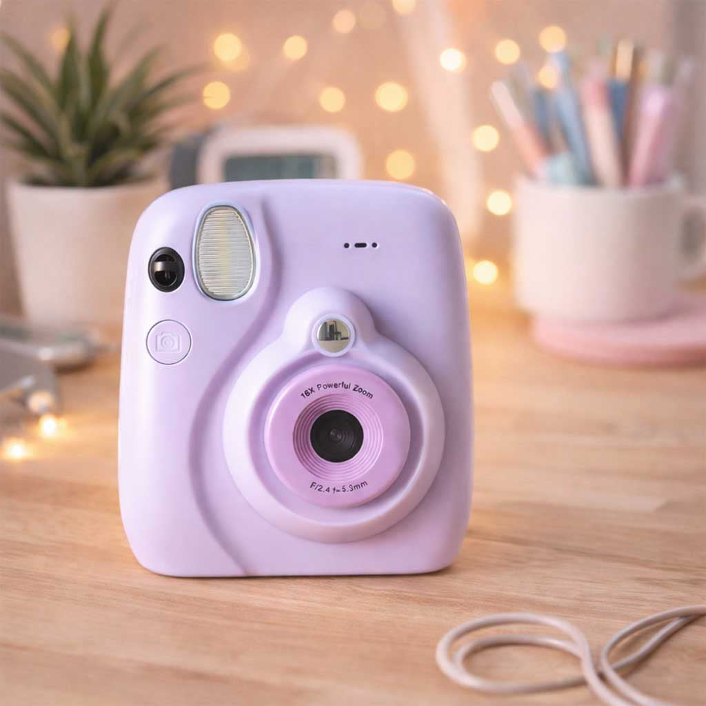 Bērnu digitālā momentkamera violetā krāsā uz galda interjerā